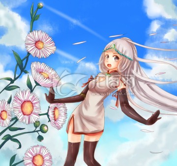 中国唯美风插画野菊花下旗袍少女