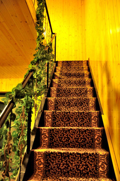 楼梯装饰 木板墙 欧花地毯