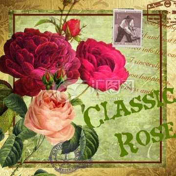 经典手绘红玫瑰 怀旧花卉