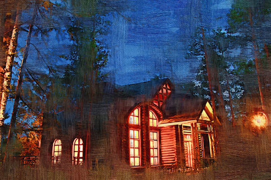 森林别墅之夜 电脑油画