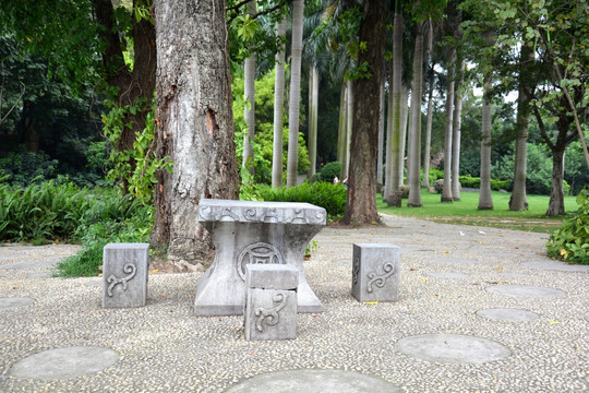 公园里的石头凳子和桌子