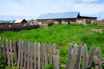 电脑水彩画 山村