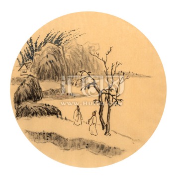 山村访友图 山水画