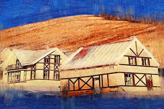 电脑油画 雪原木屋