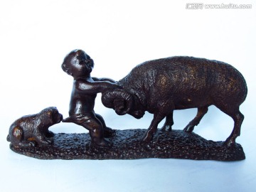 蒙古族雕塑 儿童与绵羊和小狗嬉