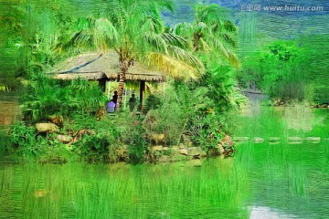 电脑油画 园林风景