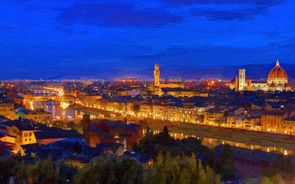 意大利佛罗伦萨夜景油画