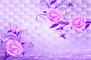 紫色梦幻 3D壁画 玫瑰花