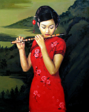 吹笛子的女人油画