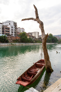 百色澄碧河畔 水中的树与船