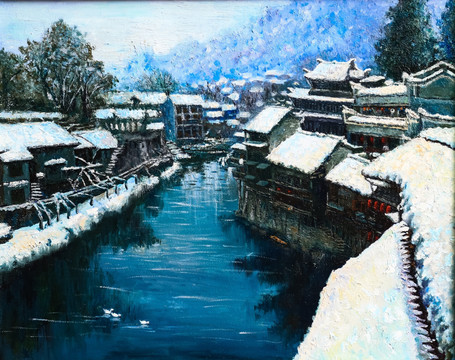 油画雪下村庄