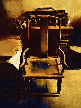 复古油画 太师椅