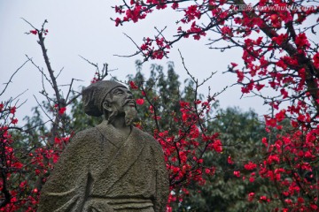 海棠花和陆游雕塑