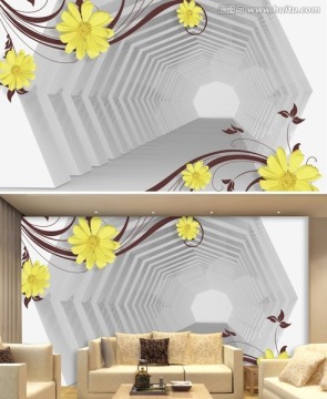 3D空间壁画 梦幻花朵