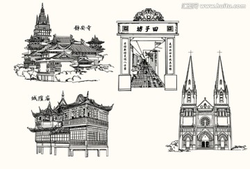 上海旅游景点线描图