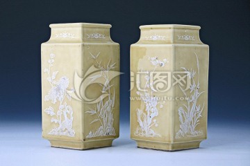 黄釉白雕花笔筒瓷器陶瓷高清jp