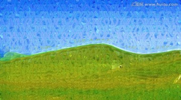山坡草原水彩画
