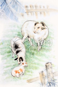 山羊 小羊羔 国画