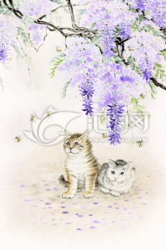 猫咪 猫 紫藤花 中国画
