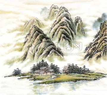 依山傍水 山村 高山云雾 国画