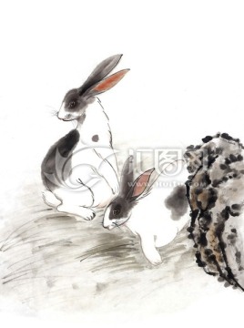 兔子 岩石 国画