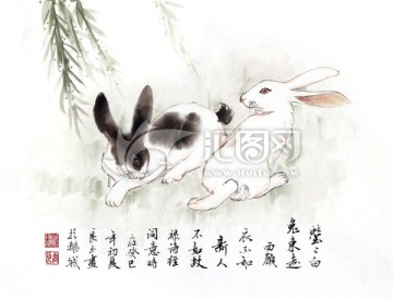 白兔 灰兔 兔子 垂柳 国画