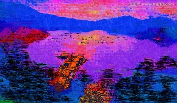 山水晚霞水彩画