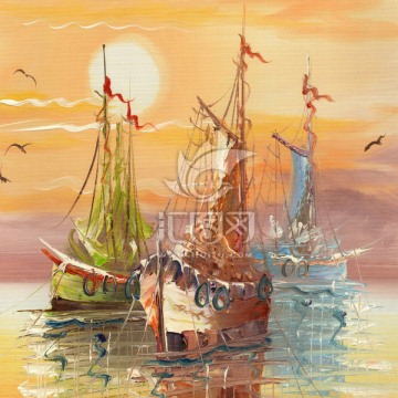 海景油画 帆船 码头