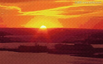 海上日落风景油画