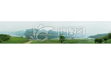 中国风山水画 溏家坝水库全景