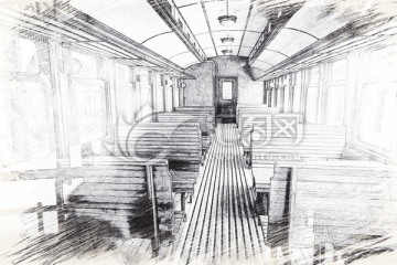 老式火车 车厢 素描