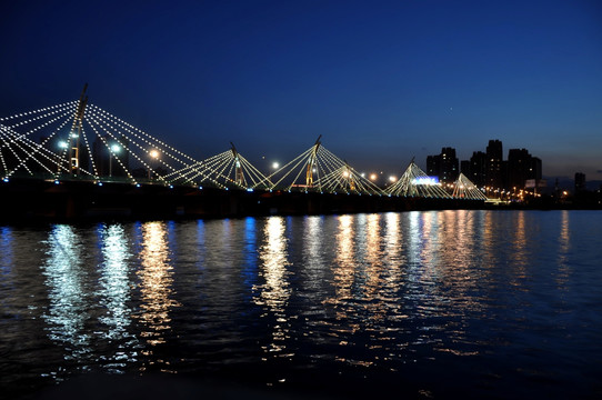 太原南内环桥河面灯光倒影照片