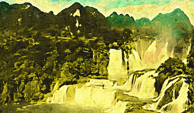 瀑布山坡风景画