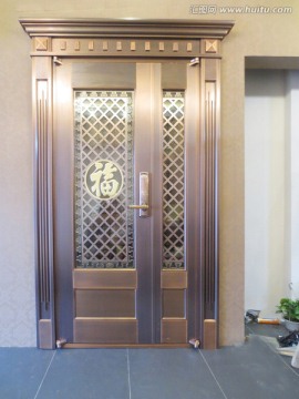 高清福字玻璃夹子母门铜门实景图