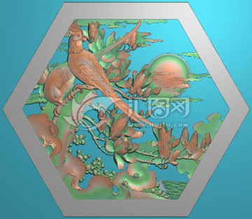 鹦鹉玉兰 六角花鸟镂空浮雕图
