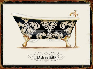 欧美复古浴室浴缸无框画装饰画
