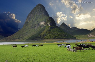 山水 风景 羊群