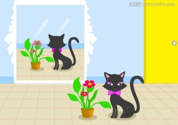 猫咪 花盆 镜子 卡通图