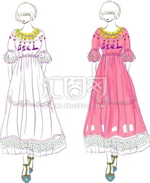 手绘服装 少女长裙 矢量