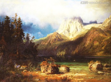 风景油画 高山湖泊
