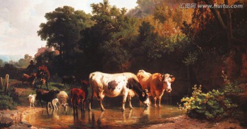 风景油画 在小溪饮水的牲口