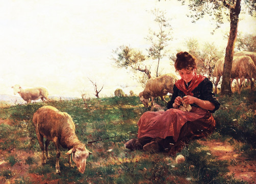 人物油画 织毛衣的牧羊女