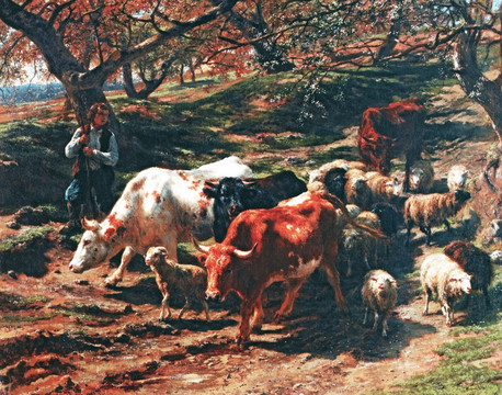 人物油画 牧童和他的牲口