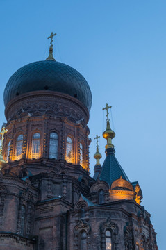 哈尔滨圣索菲亚大教堂夜景一角