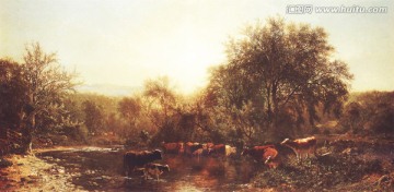 风景油画 饮水的牛群