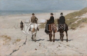 海滩边骑马的绅士和女士