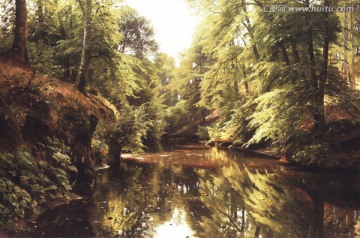风景油画 林中静静的小河
