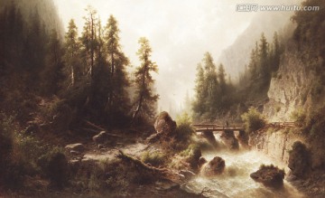 风景油画 高山上湍急的溪流