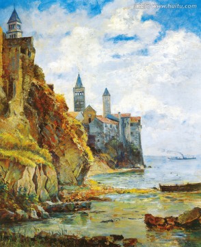 风景油画 悬崖城堡