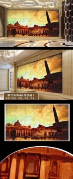 欧式建筑风景壁画 （不分层）